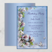 エレガントな紫の花と蝶の誕生日 招待状 (正面/裏面)