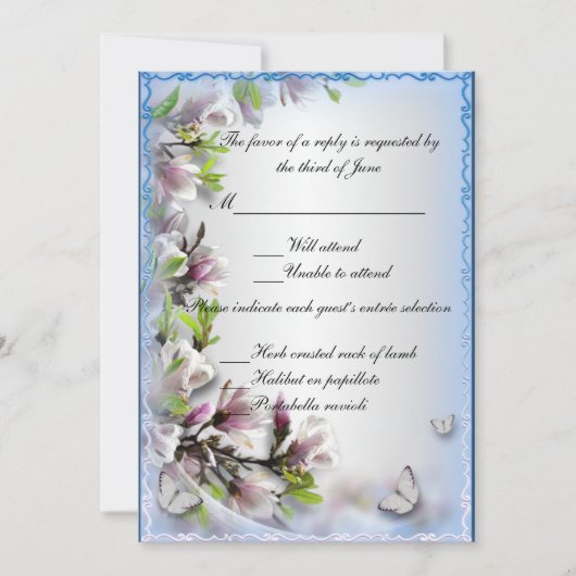 エレガントな紫の花と蝶の返信カード 招待状 (正面)