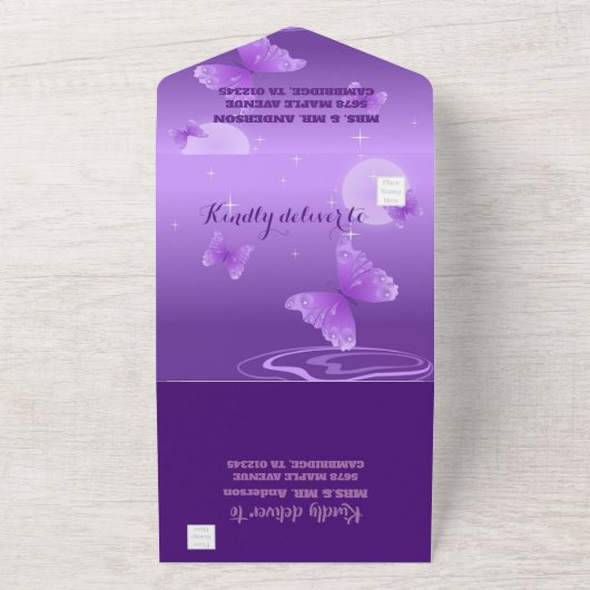 エレガントな紫の花と蝶 オールインワン招待状 (外側)