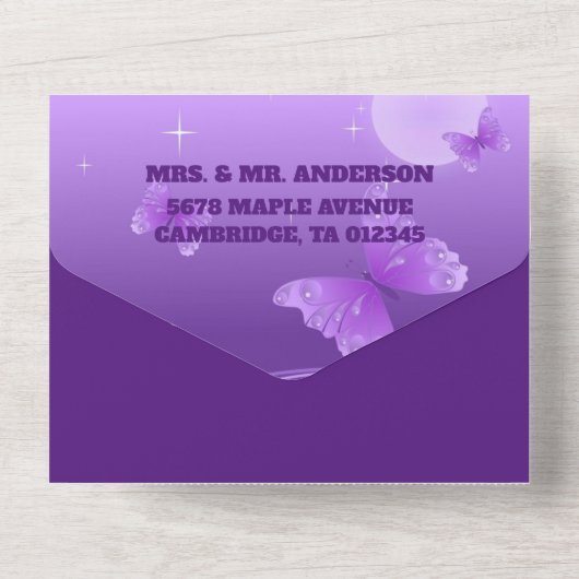 エレガントな紫の花と蝶 オールインワン招待状 (裏面)