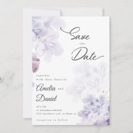 エレガントな紫の花のウェディング Save the Date 招待状