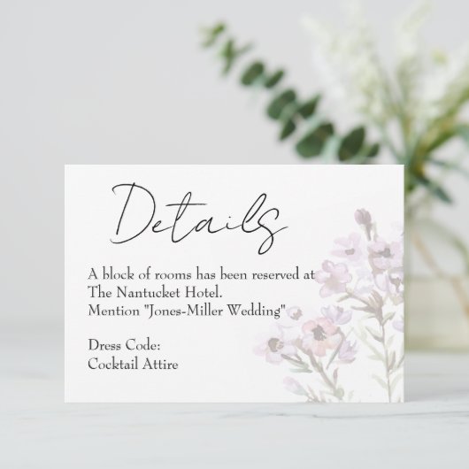 エレガントな紫の花のモチーフの結婚式詳細カード ノートカード (スタンド正面)