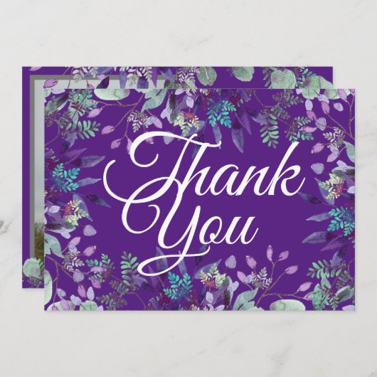 エレガントな紫の花の感謝を表す白いカリグラフィー (正面/裏面)