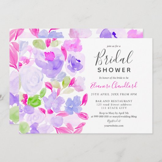 エレガントな紫の花の水彩画 ブライダルシャワー 招待状 (正面/裏面)