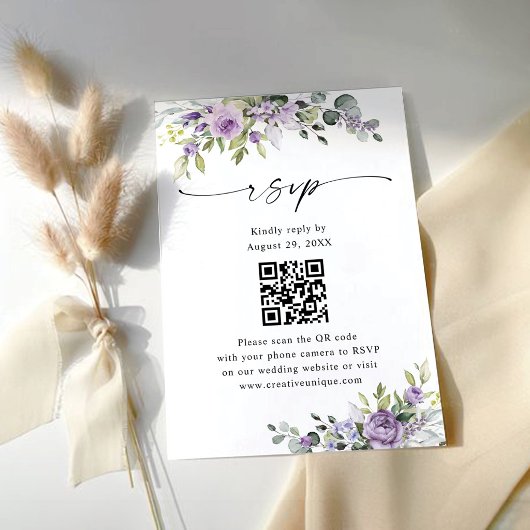 エレガントな紫の花の結婚式ウェブサイトQRコード 出欠カード
