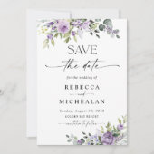エレガントな紫の花の結婚式 Save The Date 招待状 (正面)