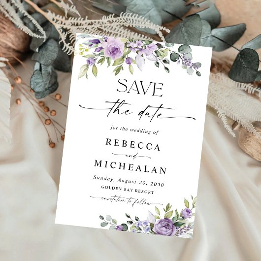 エレガントな紫の花の結婚式 Save The Date 招待状