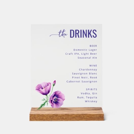 エレガントな紫の花の飲み物メニュー アクリルサイン (正面)