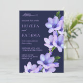 エレガントな紫の花をあしらったイスラム教・ムスリムの結婚式 招待状 (スタンド正面)