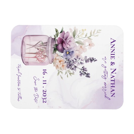 エレガントな紫の花を飾ったメイソンジャー ウェディングフラル マグネット (横)