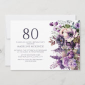 エレガントな紫の花 大人の80歳の誕生日 招待状 (正面)