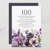 エレガントな紫の花 100歳の誕生日 招待状 (正面/裏面)