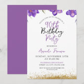 エレガントな紫の花 90歳の誕生日 招待状 (正面/裏面)