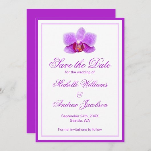 エレガントな紫の蘭 日程発表のお知らせ 招待状 (正面/裏面)