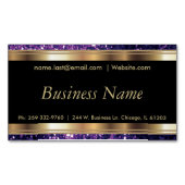 エレガントな紫色のグリッターおよび黒および金ゴールド マグネット名刺 (正面)