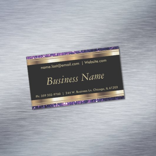 エレガントな紫色のグリッターおよび黒および金ゴールド マグネット名刺 (インサイチュ)