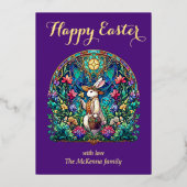 エレガントな紫色のステンドグラスうさぎの庭師 イースター 箔シーズンカード (正面)
