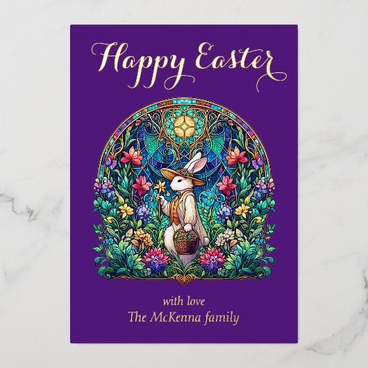 エレガントな紫色のステンドグラスうさぎの庭師 イースター 箔シーズンカード