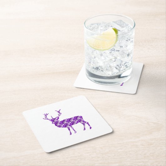 エレガントな紫色のダマスク織のシカの雄鹿 スクエアペーパーコースター (インサイチュ)