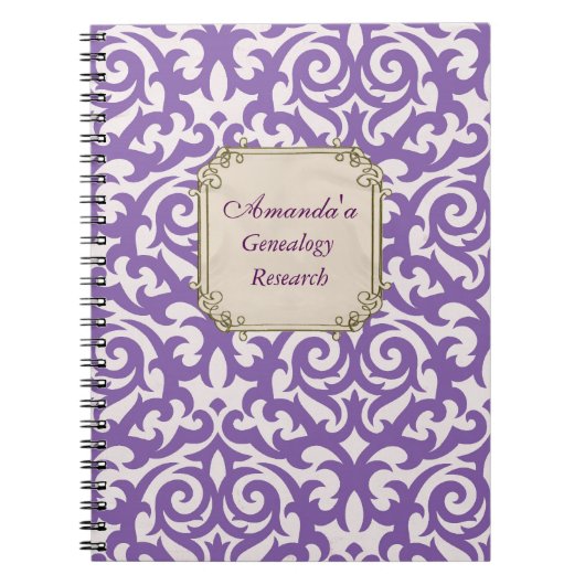 エレガントな紫色のダマスク織の系図学 ノートブック (正面)