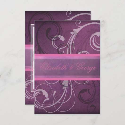 エレガントな紫色のダマスク織はカードRSVPの応答渦巻きます 出欠カード (正面/裏面)