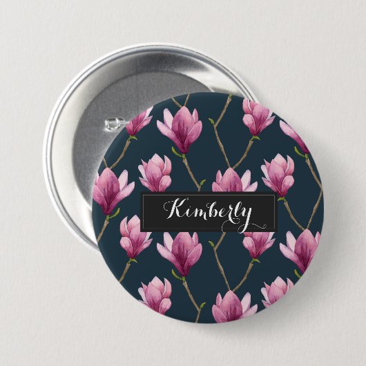 エレガントな紫色のマグノリアパターンカスタム 缶バッジ (正面&裏面)