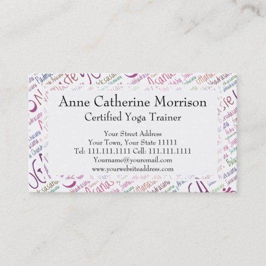 エレガントな紫色のヨガは単語の雲パターンを置きます 名刺 (正面)