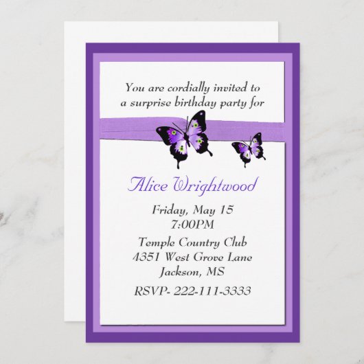 エレガントな紫色の女性誕生日の招待状 招待状 (正面/裏面)