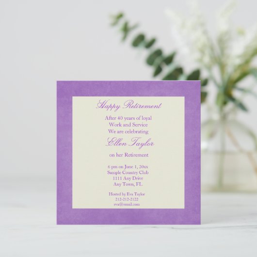 エレガントな紫色の退職のパーティの招待状 招待状 (スタンド正面)