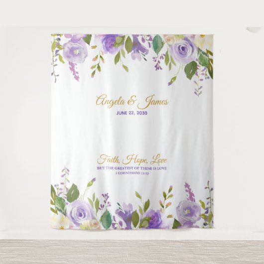エレガントな紫色の金ゴールドの水彩画の花の結婚式 タペストリー (正面)