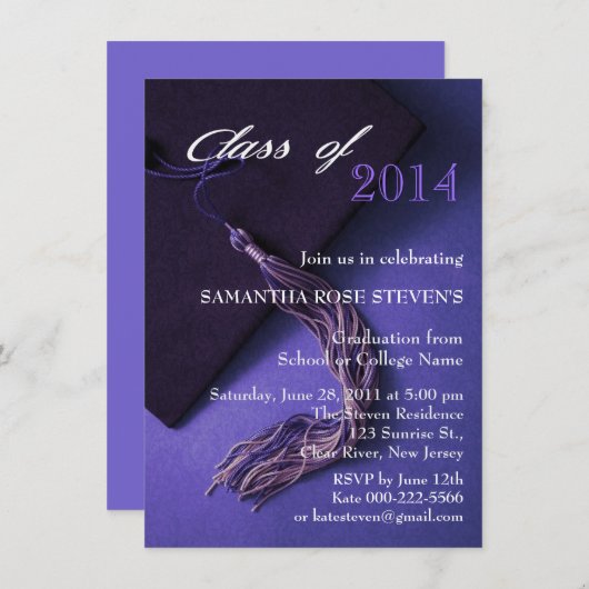 エレガントな紫色の黒い卒業生の帽子の卒業パーティー 招待状 (正面/裏面)