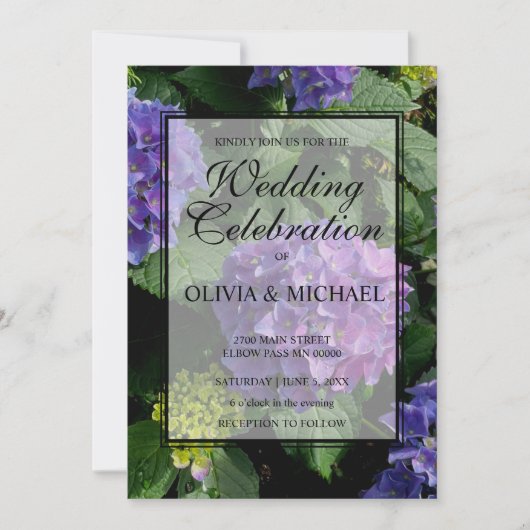 エレガントな紫青の花のハイドランジア ウェディング 招待状 (正面)