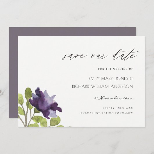 エレガントな紫青の花の水彩画のローズ  セーブザデート (正面/裏面)