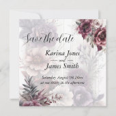 エレガントな紫、ピンク、マルーンの花のウェディング セーブザデート (正面)