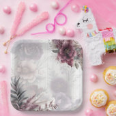 エレガントな紫、ピンク、マルーンの花模様 ペーパープレート (パーティー)