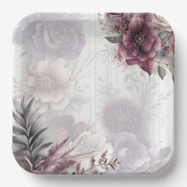 エレガントな紫、ピンク、マルーンの花模様 ペーパープレート