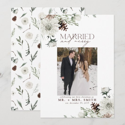 エレガントな結婚と幸せな新婚クリスマスフォト シーズンカード (正面/裏面)