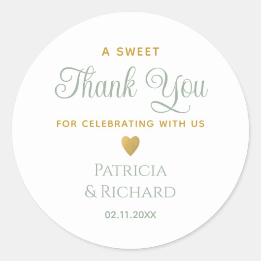 エレガントな結婚式ありがとうセージ緑と金ゴールド ラウンドシール (正面)