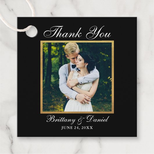 エレガントな結婚式ありがとうフォトブラック金ゴールド フェイバータグ (正面)