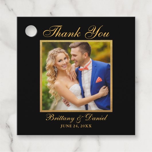 エレガントな結婚式ありがとう写真ブラックと金ゴールド フェイバータグ (正面)