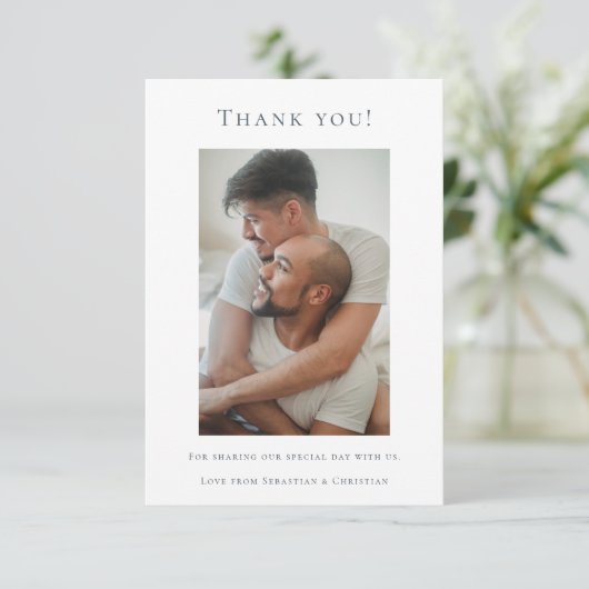 エレガントな結婚式ありがとう青い白い写真 サンキューカード (スタンド正面)