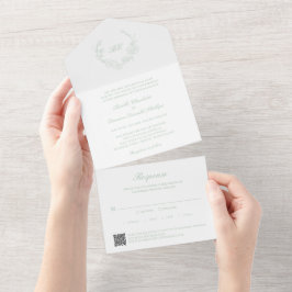 エレガントな結婚式にぴったりなセージグリーンのリースモノグラムQRコード オールインワン招待状