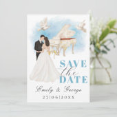 エレガントな結婚式のお知らせ（Save the Date）- 新婦と新郎のピアノ 招待状 (スタンド正面)