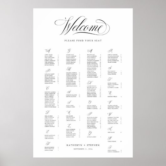 エレガントな結婚式のアルファベットの座席表 ポスター (正面)