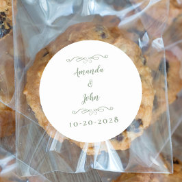 エレガントな結婚式のカップル名セージ緑の白 ラウンドシール