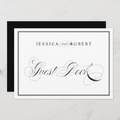 エレガントな結婚式のゲストブックサイン 黒い枠 招待状 (正面/裏面)