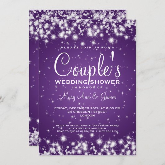 エレガントな結婚式のシャワー冬の輝き紫 招待状 (正面/裏面)
