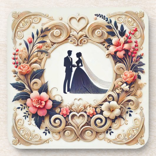 エレガントな結婚式のシルエットフレーム コースター (正面)