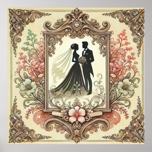 エレガントな結婚式のシルエットフレーム ポスター (正面)