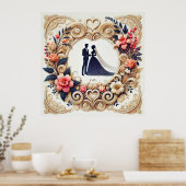エレガントな結婚式のシルエットフレーム ポスター (キッチン)